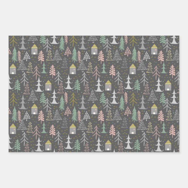Chalkboard Christmas Trees and Houses Pink Yellow Wrapping Paper Sheet (Front)