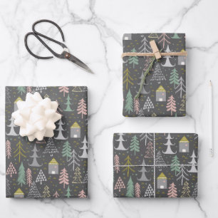 Chalkboard Christmas Trees and Houses Pink Yellow Wrapping Paper Sheet