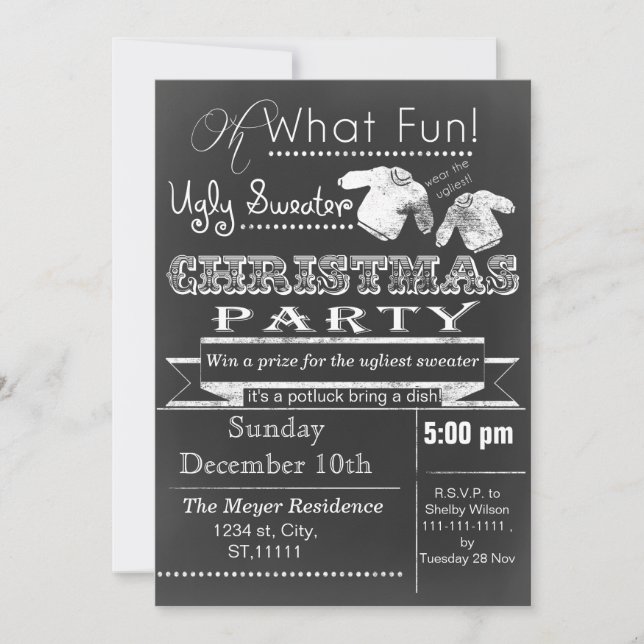 Chalkboard Christmas Ugly sweater Party Invites (Front)