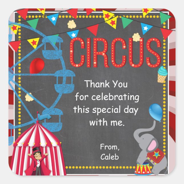 Chalkboard Circus Carnival Birthday Party Favour Square Sticker (Front)
