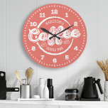 Chalkboard Coffee House Bar Monogram Custom Colour Large Clock<br><div class="desc">Chalkboard Coffee House Bar Monogram Custom Colour Large Clock. Personalised custom name kitchen wall clock in trendy chalkboard style with two custom text areas you can personalise to make this your very own. Click customise further for access to the hand colour picker and choose your own colour! Would look fantastic...</div>