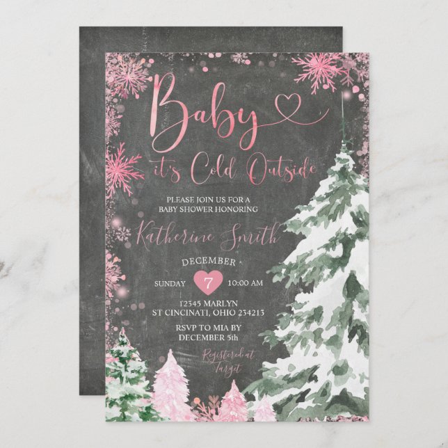 Chalkboard Cold Baby Shower Forest Pink Snowflakes Invitation (Front/Back)