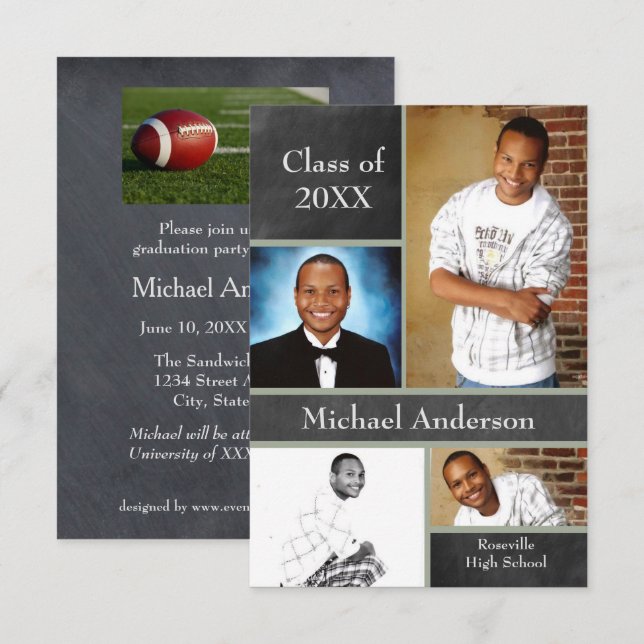 Chalkboard Collage Football- 3x5 Grad Announcement (Front/Back)