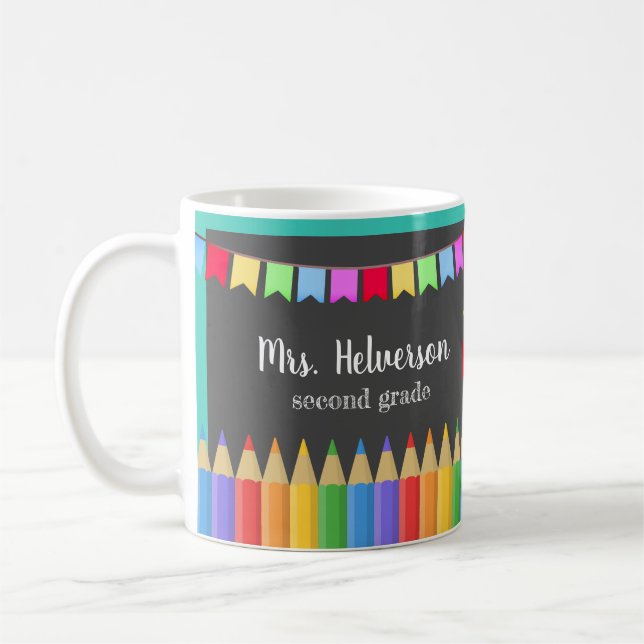 Chalkboard Coloured Pencils Teacher Name & Grade Coffee Mug (Left)