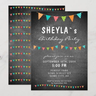 Chalkboard Colourful Bunting Flags Birthday Party Invitation