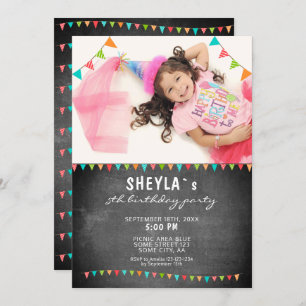 Chalkboard Colourful Bunting Flags Birthday Photo Invitation