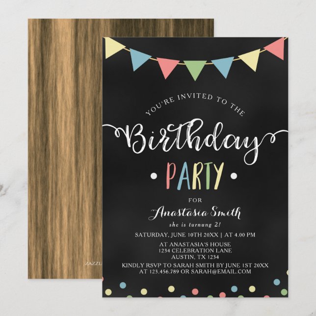 Chalkboard Colourful Bunting Flags Kids Birthday Invitation (Front/Back)