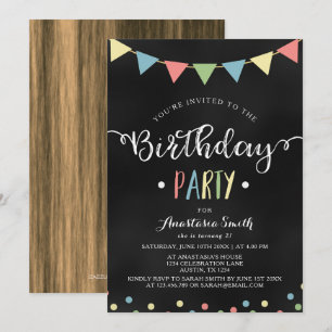 Chalkboard Colourful Bunting Flags Kids Birthday Invitation