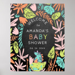 Chalkboard Colourful Dino Baby Shower Welcome  Poster