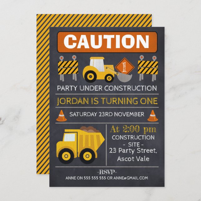 Chalkboard Construction Birthday Invitation (Front/Back)