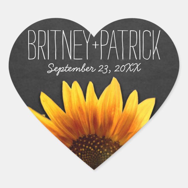 Chalkboard Country Rustic Sunflower Wedding Favour Heart Sticker (Front)