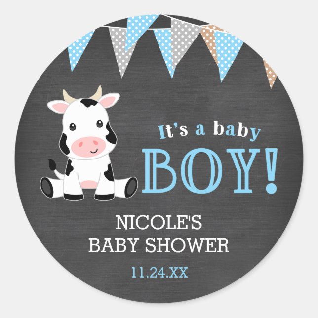 Chalkboard Cow Boy Baby Shower Classic Round Sticker (Front)