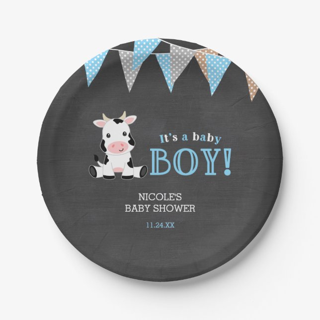 Chalkboard Cow Boy Baby Shower Paper Plate (Front)