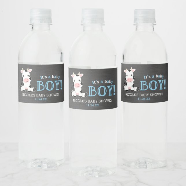 Chalkboard Cow Boy Baby Shower Water Bottle Label (Bottles)