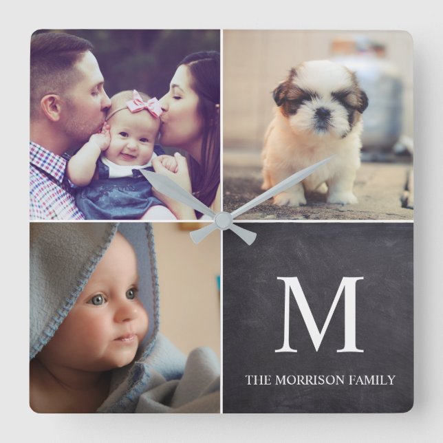Chalkboard Custom Family Photos Collage Square Wall Clock (Front)