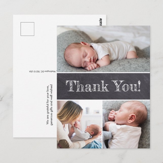 Chalkboard Custom Photos Baby boy Shower Thank you Postcard (Front/Back)