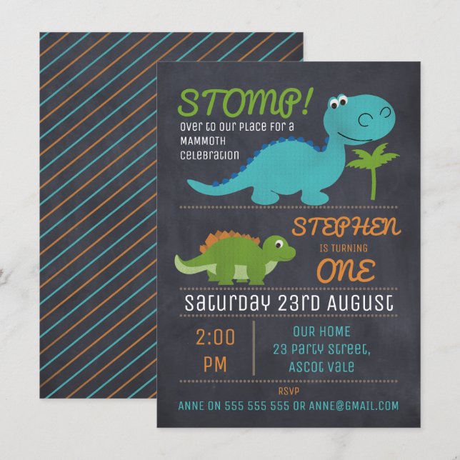 Chalkboard Cute Dinosaurs Birthday Invitation (Front/Back)