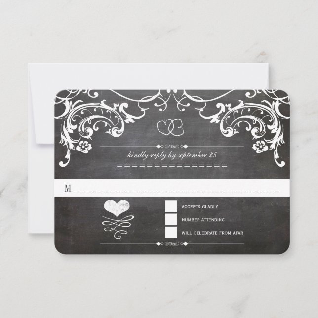 Chalkboard Cute Heart Initials Typography RSVP Card (Front)