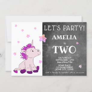 Chalkboard Cute Pink Unicorn 2nd Birthday Invitation