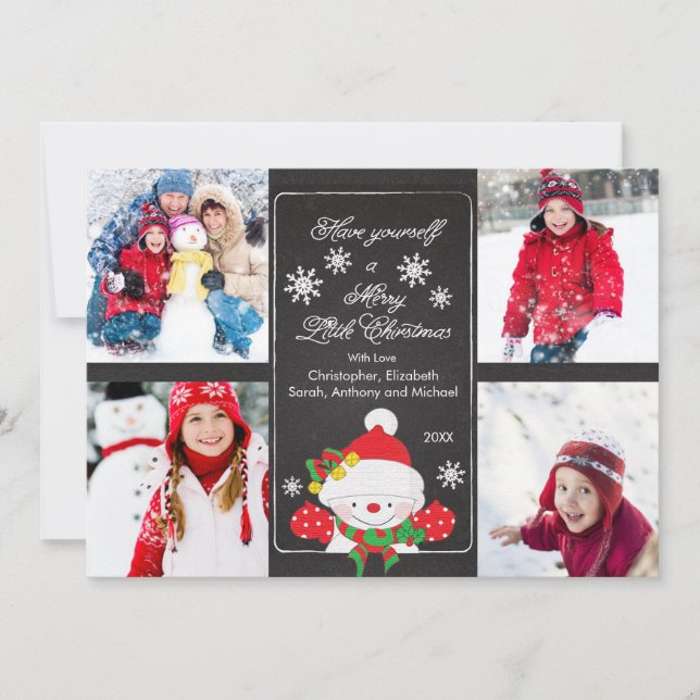 Chalkboard Cute Snowman 4 Photo Greeting Card (Front)