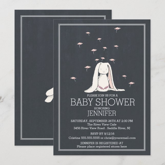 Chalkboard Cute Spring Pink Girl Bunny Baby Shower Invitation (Front/Back)
