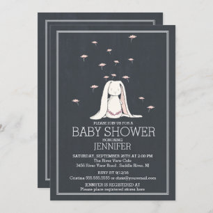 Chalkboard Cute Spring Pink Girl Bunny Baby Shower Invitation