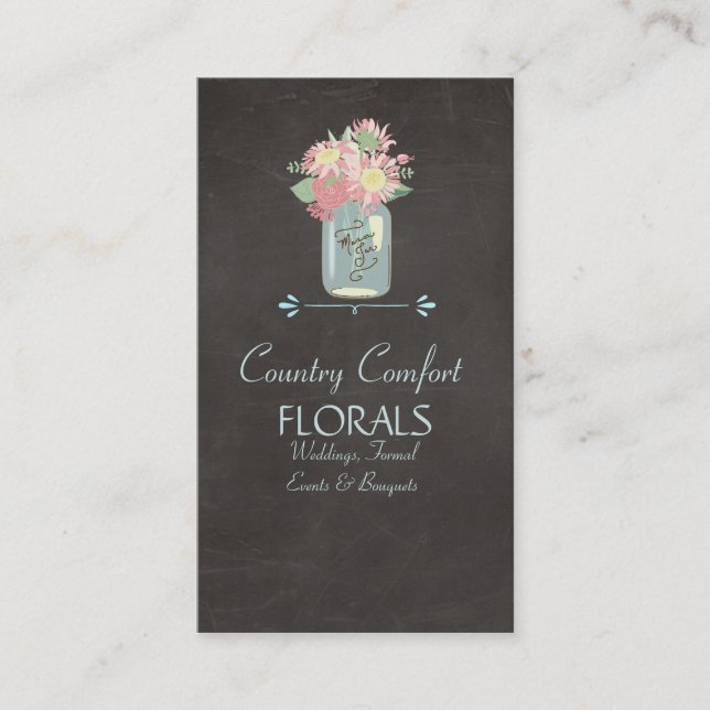 Chalkboard Daisies Roses Rustic Mason Jar Floral Business Card (Front)