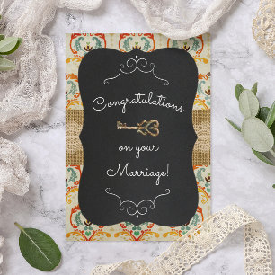 Chalkboard Damask Lock & Key Wedding Card