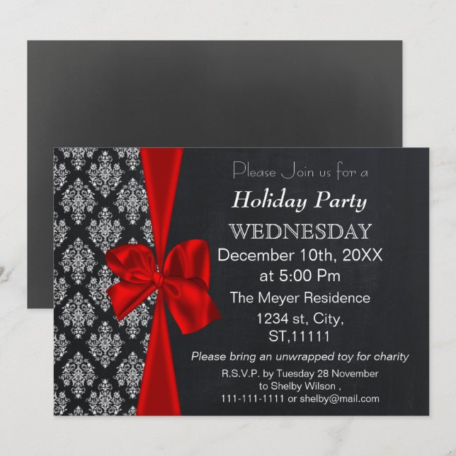 Chalkboard damask red bow Holiday party Invitation (Front/Back)