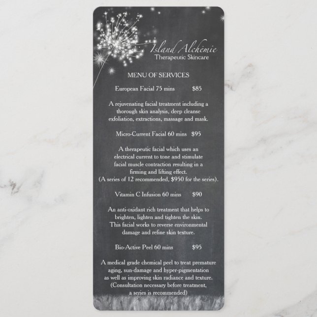 Chalkboard Dandelions Spa Business Menu (Front)