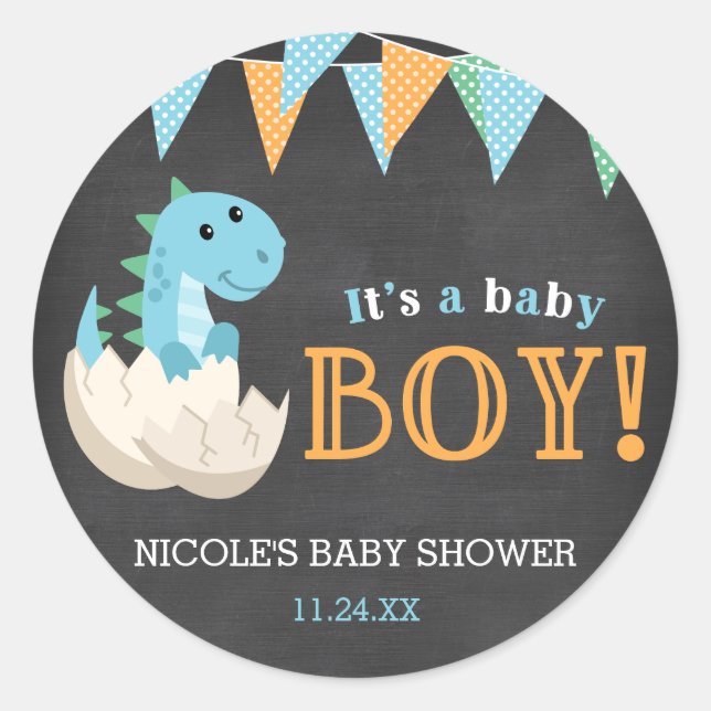 Chalkboard Dinosaur Boy Baby Shower Classic Round Sticker (Front)