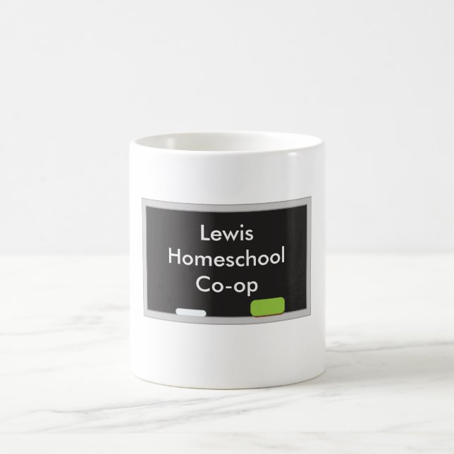 Chalkboard displays your home school co-op coffee mug (Center)