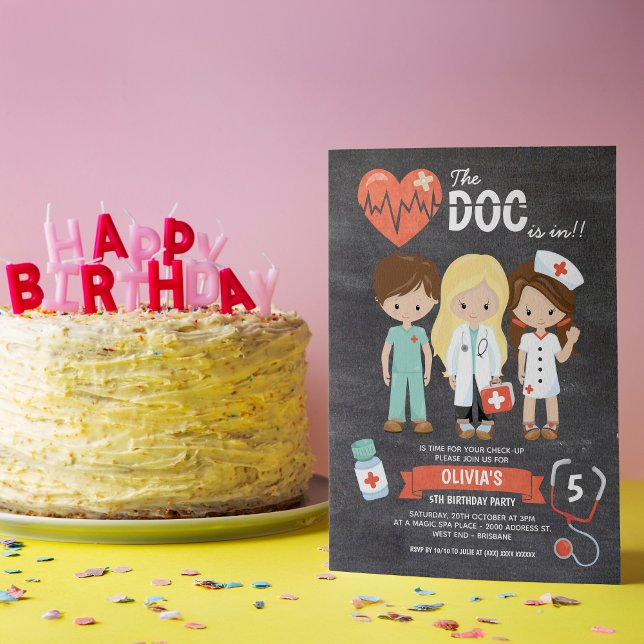 Chalkboard Doc Is In Doctor Birthday Invitation ( Grab yourself a dose of absolute cuteness with our fun doctor themed birthday invitation. )