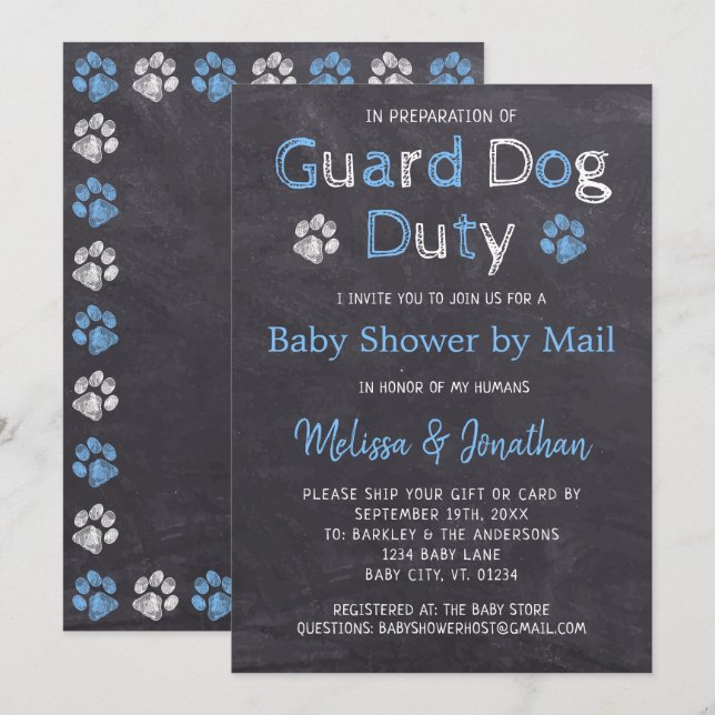 Chalkboard Dog Blue Boy Baby Shower By Mail Invitation (Front/Back)