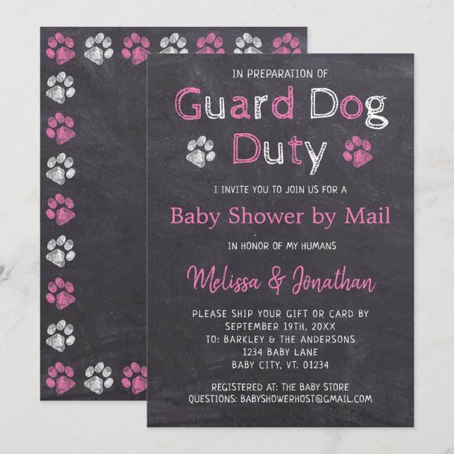 Chalkboard Dog Pink Girl Baby Shower By Mail Invitation (Front/Back)