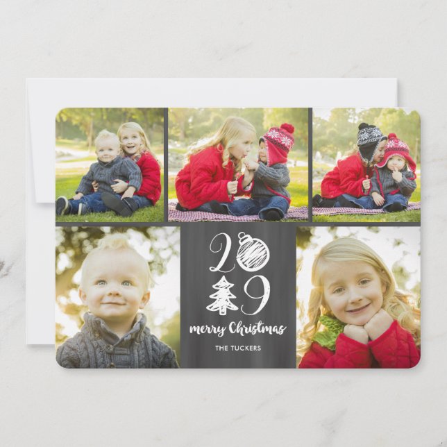Chalkboard Doodle Christmas 2019 Photo Collage Holiday Card (Front)