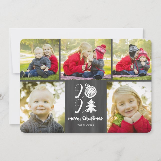 Chalkboard Doodle Christmas 2021 Photo Collage Holiday Card (Front)