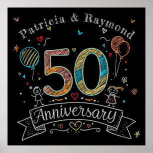Chalkboard Doodles 50th Anniversary Personalised  Poster