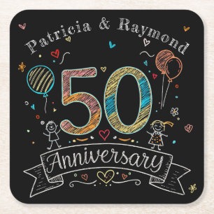 Chalkboard Doodles 50th Anniversary Personalised Square Paper Coaster