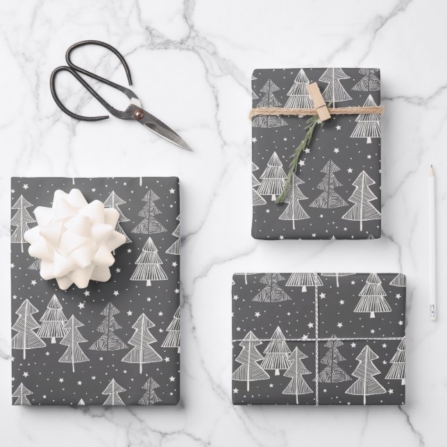Chalkboard Drawing Christmas Trees Snow Stars Wrapping Paper Sheet (Front)