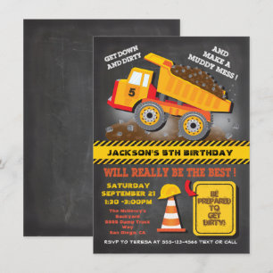 Chalkboard Dump Truck Construction Birthday Party Invitation