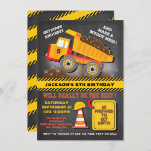 Chalkboard Dump Truck Construction Birthday Party Invitation