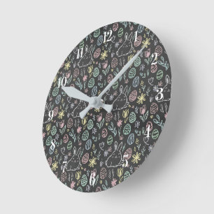 Chalkboard Easter Bunny Doodle Pattern Round Clock