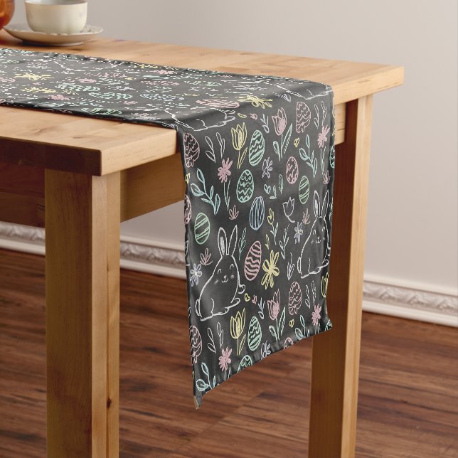 Chalkboard Easter Bunny Doodle Pattern Short Table Runner (In Situ)