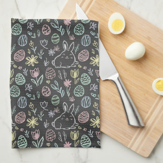 Chalkboard Easter Bunny Doodle Pattern Tea Towel