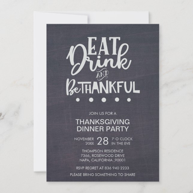 Chalkboard Eat Drink & Be Thankful Thanksgiving Invitation (Front)