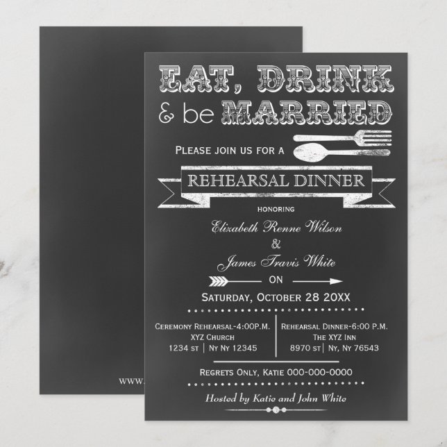 Chalkboard Eat drink rehearsal dinner invites (Front/Back)