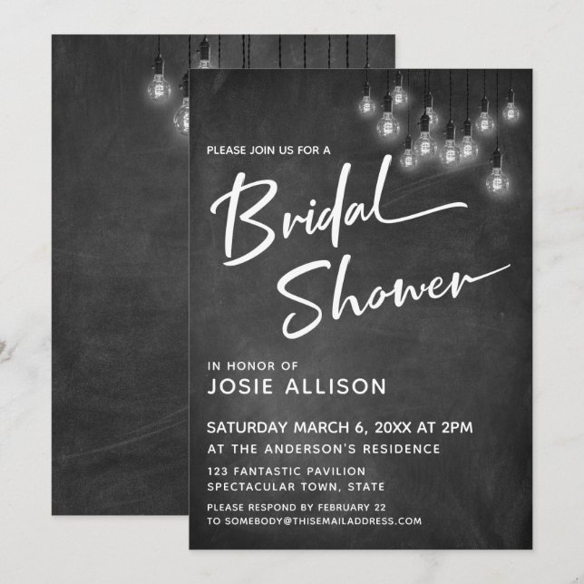 Chalkboard Edison Lights Modern Bridal Shower Invitation (Front/Back)