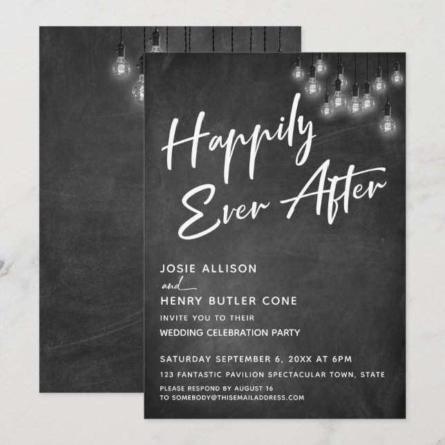 Chalkboard Edison Lights Modern Happily Ever After Invitation (Front/Back)