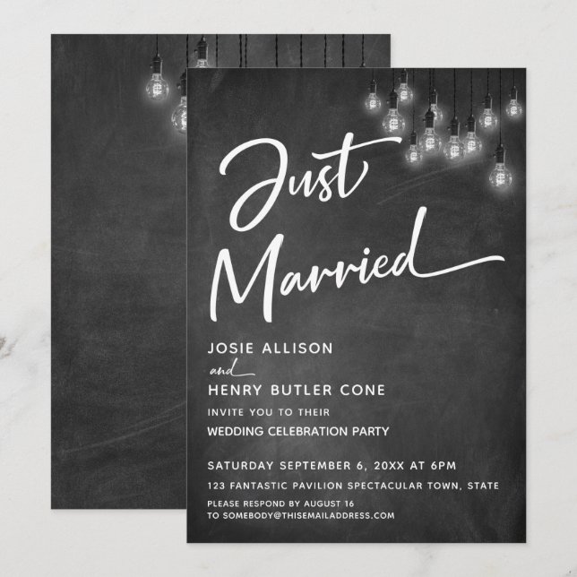 Chalkboard Edison Lights Modern Just Married Invitation (Front/Back)
